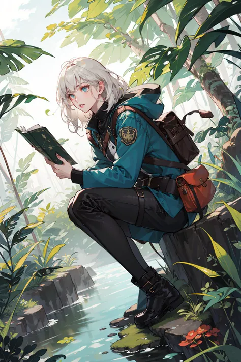 (absurdres, highres, ultra detailed, masterpiece, best quality), full body, dutch angle, finely detailed eyes and detailed face, intricate details, complex background, cinematic lighting, 1girl, solo, hair flaps, white hair, coral eyes
wild jungles, lush forests, lush vines, mossy rocks, swamps, waterfalls, hot and humid equatorial weather, exploring archaeologists, explorer, jumpers, belts, goggles, rope, map, compass, snakes, weasels, squirrels, wildlife, hawks, dynamic angle, action