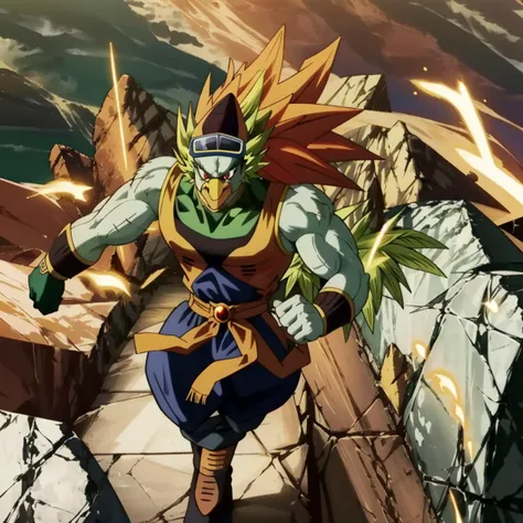 score_9, score_8_up, score_7_up, score_6_up, score_5_up, score_4_up,
vivid colors, 8K, hi-fi,
light green skin, light green feathered body, bird, dragonball z, red eyes, evil, villain, intricate detailed eyes, masterwork anime illustration, perfect proportions, powerful muscular body, perfect hands, goggles, hat, veiny muscular body, thick arms, large biceps, masterwork anime screenshot,
((in the style of the Dragonball Z, ))
((in the style of and art by Akira Toriyama, jiandou, taran fiddler, darkgem, ruaidri, yupa, kiyosan, )),
<lora:Ganos:0.85>
