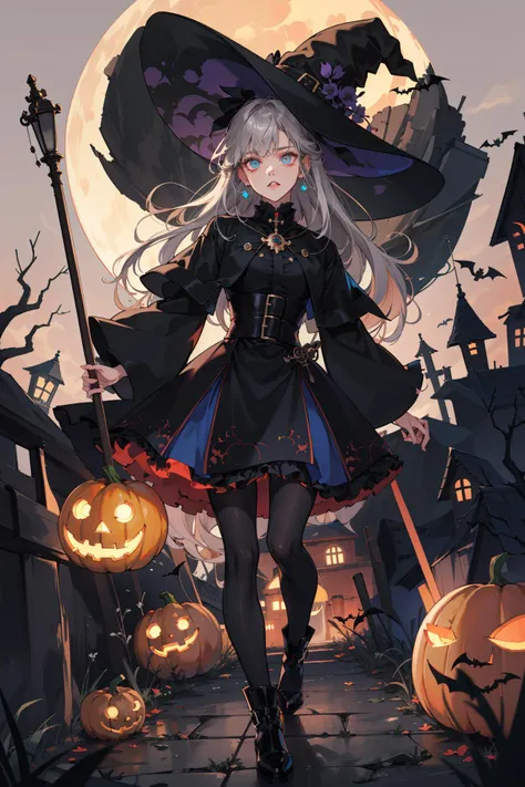 (absurdres, highres, ultra detailed, masterpiece, best quality), full body, dutch angle, finely detailed eyes and detailed face, intricate details, complex background, cinematic lighting, 1girl, solo, messy hair, gray hair, turquoise eyes
Halloween, pumpkin, witch hat, broom, lamp, pumpkin lamp, light, many bat, darkness, night sky, full moon, loud, exciting, terrifying, branch, ghost, old castle in the distance, ruin, dark forest, dark silhouette, shadow