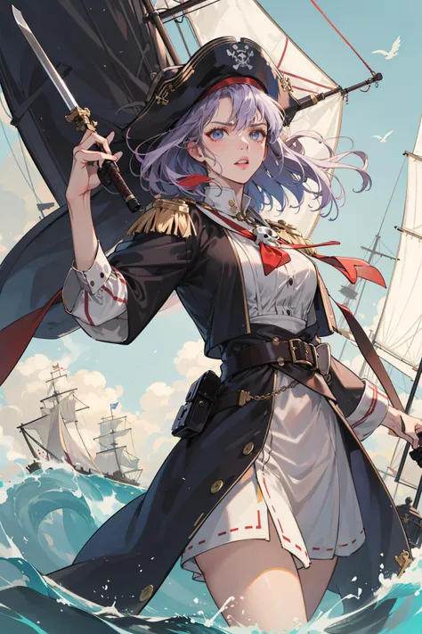 (absurdres, highres, ultra detailed, masterpiece, best quality), cowboy shot, dutch angle, finely detailed eyes and detailed face, intricate details, complex background, cinematic lighting, 1girl, solo, sleek hair, light purple hair, amber eyes
pirate, pirate captain, captain's hat, Viking, wave, warship, ship, sailboat, mast, dynamic wave, gust, strong wind, sailing, fighting, medieval, angry, skull flag, holding sword, dynamic angle