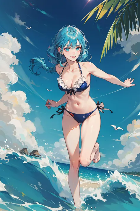 (absurdres, highres, ultra detailed, masterpiece, best quality), full body, dutch angle, finely detailed eyes and detailed face, intricate details, complex background, cinematic lighting, 1girl, solo, braided hairstyle, blue hair, teal eyes
dynamic angle, smile
summer sea, beach, sandy beach, waves, palm trees, sunlight, swimsuit, bikini, running, cheer up