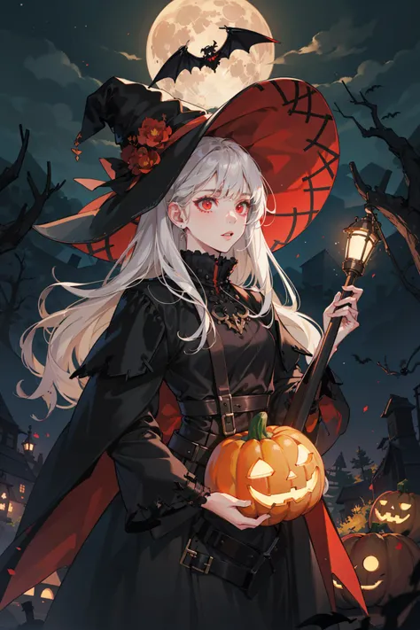 (absurdres, highres, ultra detailed, masterpiece, best quality), cowboy shot, dutch angle, finely detailed eyes and detailed face, intricate details, complex background, cinematic lighting, 1girl, solo, blowout hair, white hair, red eyes
Halloween, pumpkin, witch hat, broom, lamp, pumpkin lamp, light, many bat, darkness, night sky, full moon, loud, exciting, terrifying, branch, ghost, old castle in the distance, ruin, dark forest, dark silhouette, shadow