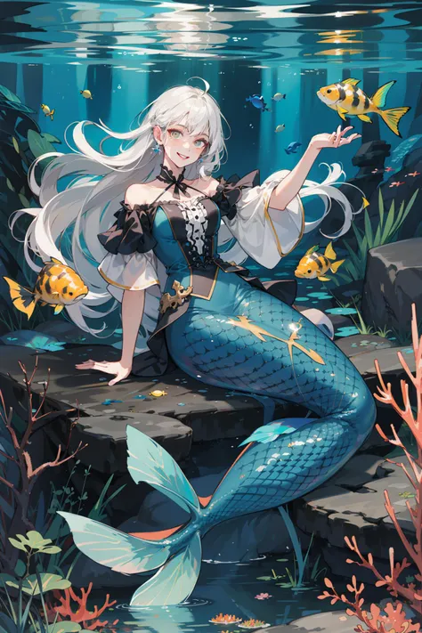 (absurdres, highres, ultra detailed, masterpiece, best quality), full body, dutch angle, finely detailed eyes and detailed face, intricate details, complex background, cinematic lighting, 1girl, solo, waterfall braid, white hair, amber eyes
dynamic angle, smile
underwater, reflection, foam, underwater, water plants, coral, rock, herds of fish, tropical fish, turtles, floundering, floating hair, fantastic, mermaid
