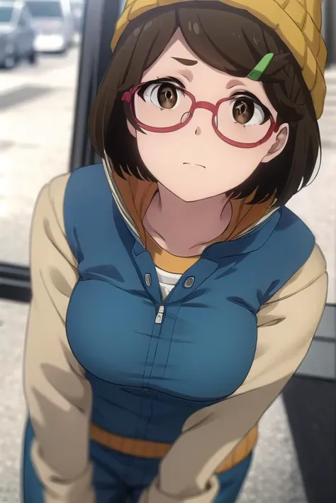 risaaoi, <lora:risa aoi s1-lora-nochekaiser:1>,
risa aoi, short hair, brown hair, hair ornament, (brown eyes:1.5), glasses, hairclip, red-framed eyewear,
BREAK shirt, hat, jacket, pants, vest, beanie,
BREAK outdoors, city,
BREAK looking at viewer, (cowboy shot:1.5),
BREAK <lyco:GoodHands-beta2:1>, (masterpiece:1.2), best quality, high resolution, unity 8k wallpaper, (illustration:0.8), (beautiful detailed eyes:1.6), extremely detailed face, perfect lighting, extremely detailed CG, (perfect hands, perfect anatomy),