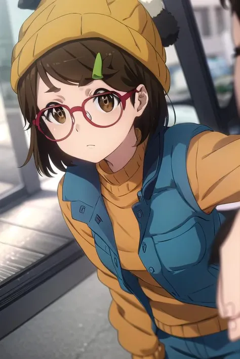 risaaoi, <lora:risa aoi s1-lora-nochekaiser:1>,
risa aoi, short hair, brown hair, hair ornament, (brown eyes:1.5), glasses, hairclip, red-framed eyewear,
BREAK shirt, hat, jacket, pants, vest, beanie,
BREAK outdoors, city,
BREAK looking at viewer, (cowboy shot:1.5),
BREAK <lyco:GoodHands-beta2:1>, (masterpiece:1.2), best quality, high resolution, unity 8k wallpaper, (illustration:0.8), (beautiful detailed eyes:1.6), extremely detailed face, perfect lighting, extremely detailed CG, (perfect hands, perfect anatomy),