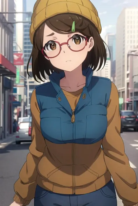 risaaoi, <lora:risa aoi s1-lora-nochekaiser:1>,
risa aoi, short hair, brown hair, hair ornament, (brown eyes:1.5), glasses, hairclip, red-framed eyewear,
BREAK shirt, hat, jacket, pants, vest, beanie,
BREAK outdoors, city,
BREAK looking at viewer, (cowboy shot:1.5),
BREAK <lyco:GoodHands-beta2:1>, (masterpiece:1.2), best quality, high resolution, unity 8k wallpaper, (illustration:0.8), (beautiful detailed eyes:1.6), extremely detailed face, perfect lighting, extremely detailed CG, (perfect hands, perfect anatomy),