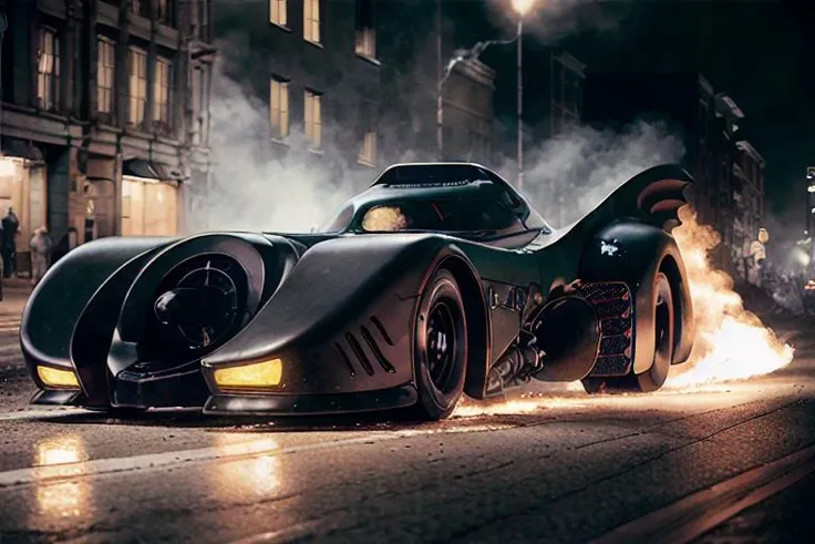 analog gloomy photo of a Batmobile, <lora:b4tm0b1l389:1>, racing down an avenue at night, city buildings on fire, outrun, explosions in the background, tracer gunfire, High Detail, Sharp focus, ((photorealism)), realistic, best quality, 8k, award winning, dramatic lighting, epic, cinematic, masterpiece, dutch angle, ambient fog:1.3,