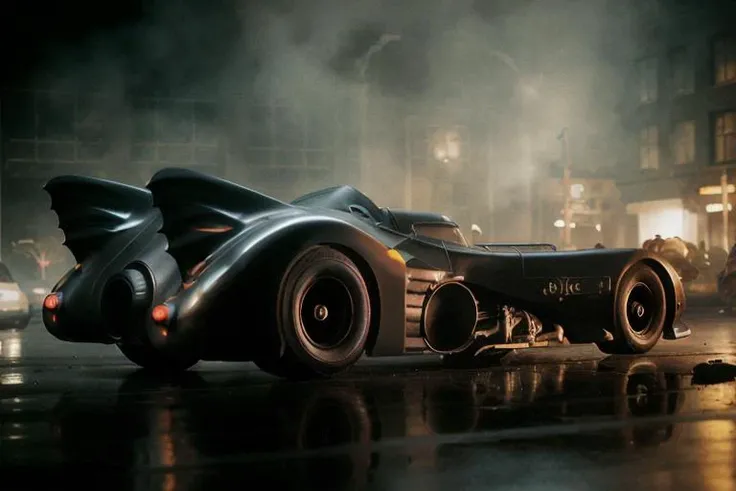 analog gloomy photo of a Burton Batmobile, <lora:b4tm0b1l389:1>, racing down an avenue at night, city buildings on fire, outrun, explosions in the background, tracer gunfire, High Detail, Sharp focus, ((photorealism)), realistic, best quality, 8k, award winning, dramatic lighting, epic, cinematic, masterpiece, dutch angle, ambient fog:1.3,