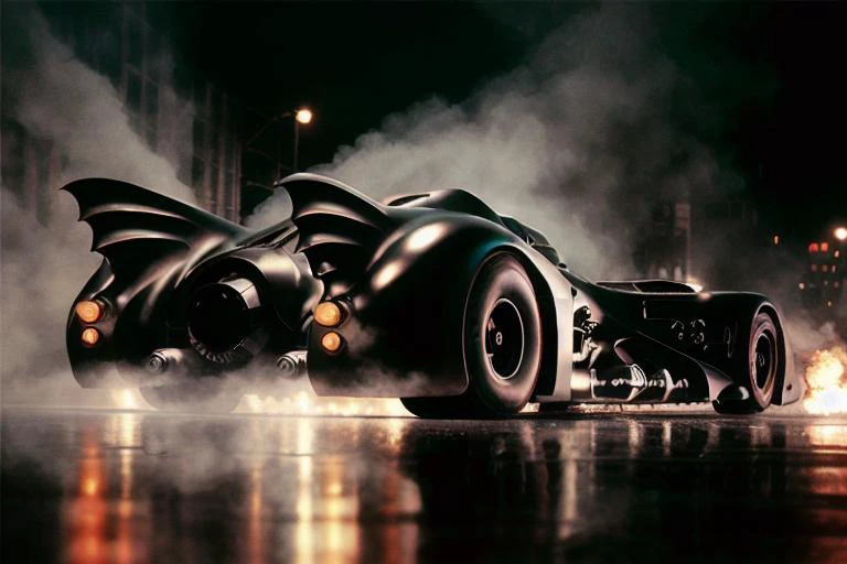 analog gloomy photo of a Batmobile, <lora:b4tm0b1l389:1>, racing down an avenue at night, city buildings on fire, outrun, explosions in the background, tracer gunfire, High Detail, Sharp focus, ((photorealism)), realistic, best quality, 8k, award winning, dramatic lighting, epic, cinematic, masterpiece, dutch angle, ambient fog:1.3,