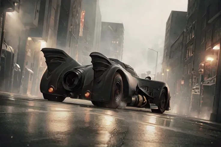 analog gloomy photo of a Batmobile, <lora:b4tm0b1l389:1>, racing down an avenue at night, city buildings on fire, outrun, explosions in the background, tracer gunfire, High Detail, Sharp focus, ((photorealism)), realistic, best quality, 8k, award winning, dramatic lighting, epic, cinematic, masterpiece, dutch angle, ambient fog:1.3,