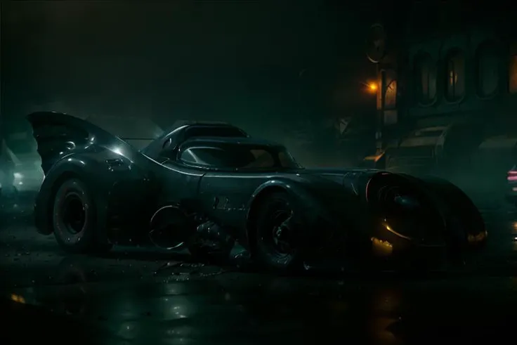 analog gloomy photo of a Burton Batmobile, <lora:b4tm0b1l389:1>, front view, racing down an avenue at night, city buildings on fire, outrun, explosions in the background, tracer gunfire, High Detail, Sharp focus, ((photorealism)), realistic, best quality, 8k, award winning, dramatic lighting, epic, cinematic, masterpiece, dutch angle, ambient fog:1.3,