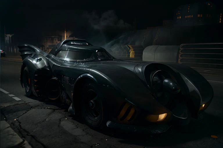 analog gloomy photo of a Burton Batmobile, <lora:b4tm0b1l389:1>, front view, racing down an avenue at night, city buildings on fire, outrun, explosions in the background, tracer gunfire, High Detail, Sharp focus, ((photorealism)), realistic, best quality, 8k, award winning, dramatic lighting, epic, cinematic, masterpiece, dutch angle, ambient fog:1.3,