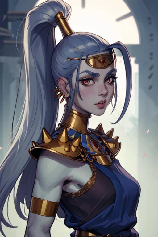 (masterpiece, best quality:1.2), <lora:bbcchan:0.95>, bbcchan, 1girl, solo, looking at viewer, breasts, <lora:megaera:0.95> megaera, ponytail, colored skin, piercing, ear piercing, blue skin, gorget, greek clothes