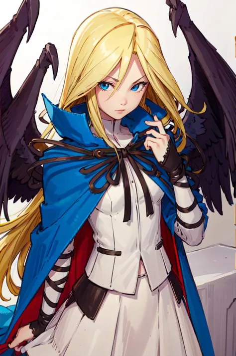 <lora:bbcchan:0.9> bbcchan,  <lora:RtPL-Malice:1> malice_(riviera), black_wings, blonde_hair, long_hair, blue_cape, white_dress, angel_wings, gloves,, ultra detailed, masterpiece, best quality, aesthetic, detailed,
