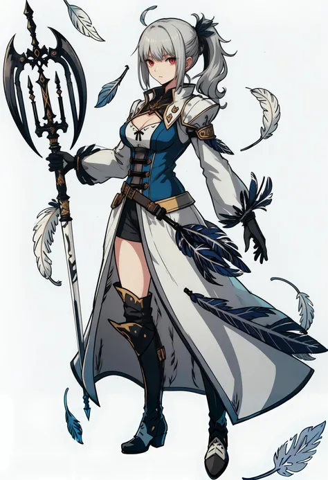 score_9, score_8_up, score_7_up, source_anime, looking at viewer, ((solo)), girl, female, (young adult), femenine, standing, looking at viewer, bored,
(red_eyes), detailed eyes, (gray hair, bangs, mega_side_ponytail), (symmetrical breast, round breasts), small waist, symmetrical_legs, good_legs,
(((feathers))), (gray Hogwarts wind mage), (wind zettai_ryouiki), (wind-toned clothes), (knee boots), (gray castlevania_clothes)
(Wind magic, gray air, gray feather), cleric, (holding wind staff),
by koyamahirokazu <lora:Koyama-Style-PonyXL-000020:1>