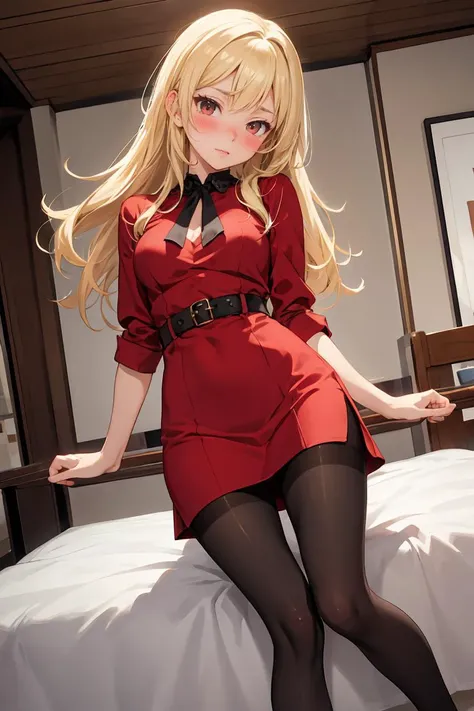 (masterpiece, best quality), 1girl, blonde hair, red dress, pantyhose, cute face, blush,