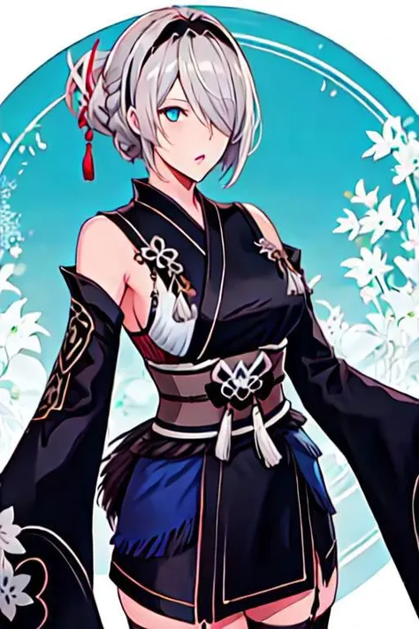solo, 1girl, solo_focus, hair over one eye, blue eye, hairband, black kimono, detached sleeves, wide sleeves, white gloves, thighhighs, japanese clothes, [[tassels, bra peek]]