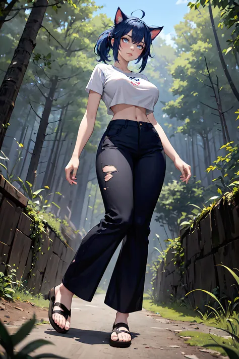 masterpiece, best quality, striking visuals, , detailed background, (full body, from below), 1girl, solo, (huge breasts), toned body, dcat, (hair over ears), blue hair, catgirl, mi'qote, short hair, ponytail, (cat ears), glowing eyes, grey eyes, slit pupils, (cat tail), , Printed wide-leg pants, black tee, sandals, embarrassed, blush, <lora:dcat-06:0.335>, forest, daytime, , , , , artist21, 