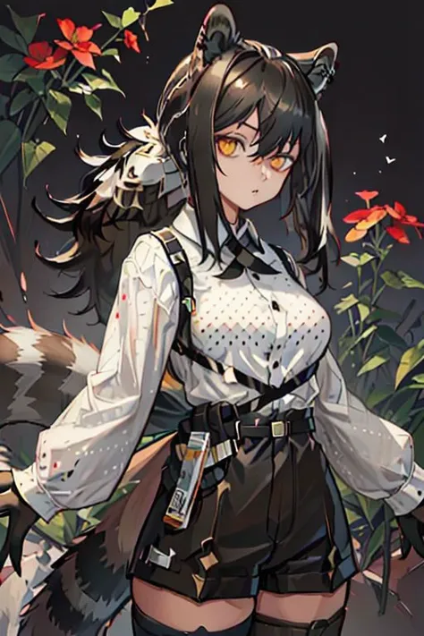 (masterpiece, best quality), 1girl, robin \(arknights\), raccoon ears, raccoon girl, raccoon tail, animal hands, brown hair, hair between eyes, long hair, ponytail, yellow eyes, breasts, white collared shirt, polka dot shirt, cross tie, long sleeves, brown shorts, legwear under shorts, upper body, holding flower, red flower, closed eyes, close-up