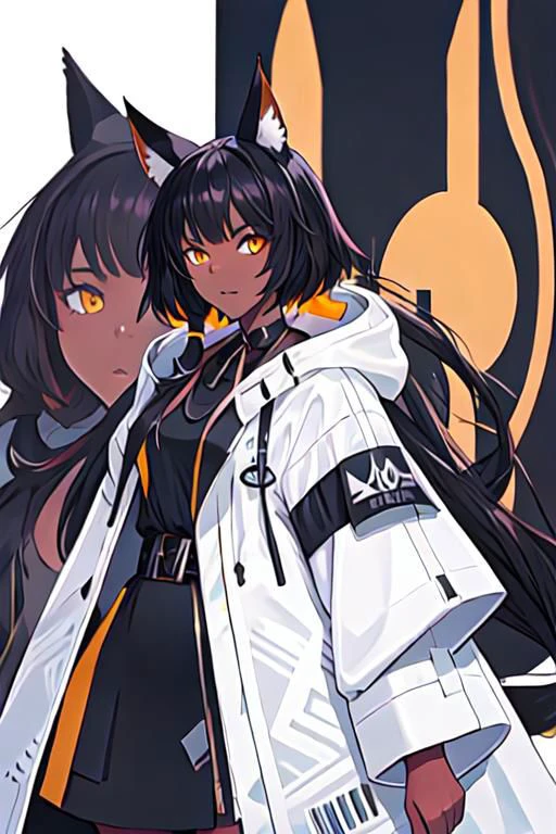 solo, 1girl, solo_focus,
dark skin, animal ears, white coat, black dress,