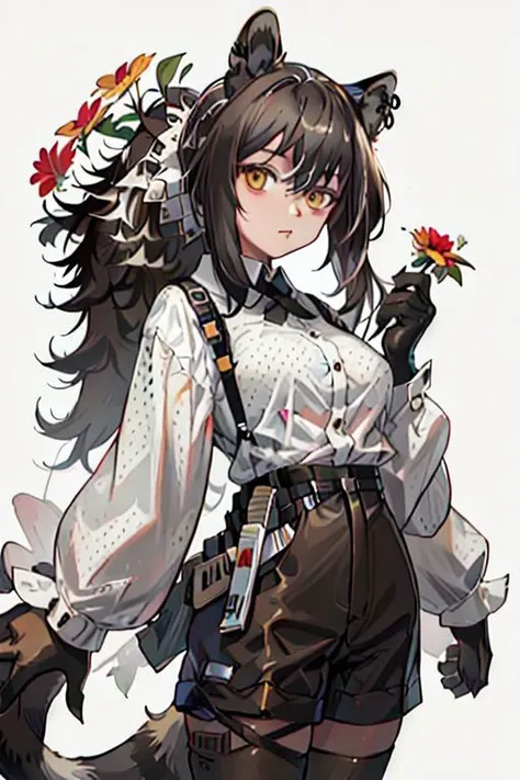 (masterpiece, best quality), 1girl, robin \(arknights\), raccoon ears, raccoon girl, raccoon tail, animal hands, brown hair, hair between eyes, long hair, ponytail, yellow eyes, breasts, white collared shirt, polka dot shirt, cross tie, long sleeves, brown shorts, legwear under shorts, upper body, holding flower, red flower, closed eyes, close-up