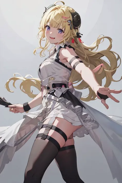 masterpiece, best quality, absurdres, perfect anatomy, WatameNightFever, long hair, ahoge, hairclip, sheep horns, sheep ears, white dress, sleeveless, arm band, (black thigh straps, black thighhighs:1.3), smile,