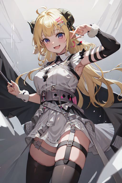 masterpiece, best quality, absurdres, perfect anatomy, WatameNightFever, long hair, ahoge, hairclip, sheep horns, sheep ears, white dress, sleeveless, arm band, (black thigh straps, black thighhighs:1.3), smile,