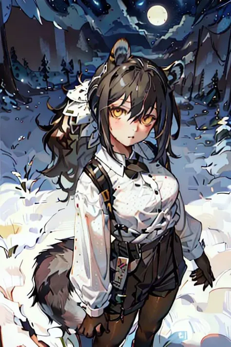 (masterpiece, best quality), 1girl, robin \(arknights\), raccoon ears, raccoon girl, raccoon tail, animal hands, brown hair, hair between eyes, long hair, ponytail, yellow eyes, breasts, white collared shirt, polka dot shirt, cross tie, long sleeves, brown shorts, legwear under shorts, hiking, stone stairs, forest, night sky, red moon, clouds, from above, viewing from above, looking at viewer,