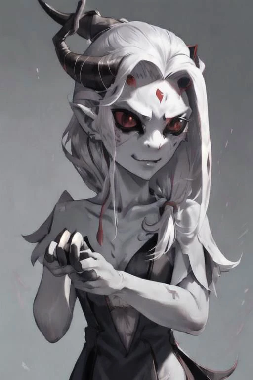 ASCII1_person, ((red_skin)), flat_face, black_sclera, ((spiky_hair, stiff_hair, quill_hair, straight_hair)), ((forehead_horn, oni_horn, bone_horn, silver_horn, 1_horn)), ((no_nose:1.2, nasal_slits:1.2, ghoul_nose)), masculine_body, clothed, robe, close_up, face_focus, ((4_fingers_no_thumbs)), ((inhuman)), high_quality, ultra_quality, <FastNegativeV2>