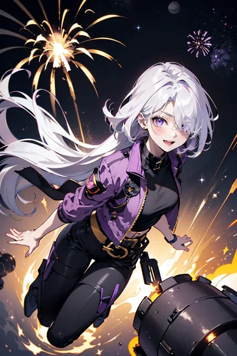 space, outer space, moon, (planets:1.3), nighttime, volumetric lighting, dark theme, fireworks, ((explosions:1.3)), (flames:1.3), (from above:1.4), looking at viewer, fire in the sky, flames in the sky, jumping, arms extended, 1girl, (mature female, :1.4), purple eyes, (white hair:1.3), (hair over one eye:1.4), (mechanical arms:1.3), (long hair:1.3), smiling, smile, open mouth, teeth, ((purple crop jacket, black top, black pants, gold belt)), <lora:GoodHands-vanilla:1.2>
