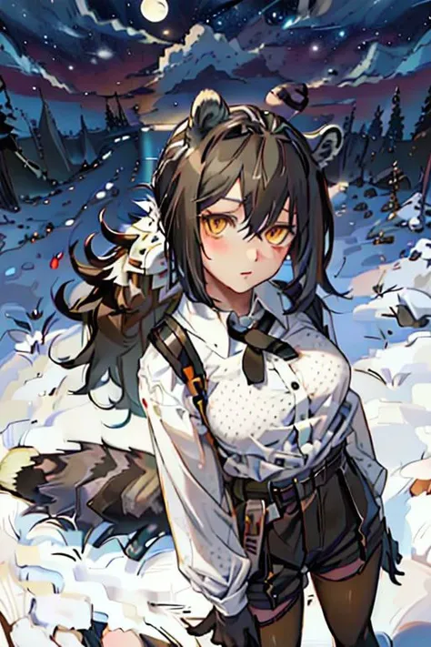 (masterpiece, best quality), 1girl, robin \(arknights\), raccoon ears, raccoon girl, raccoon tail, animal hands, brown hair, hair between eyes, long hair, ponytail, yellow eyes, breasts, white collared shirt, polka dot shirt, cross tie, long sleeves, brown shorts, legwear under shorts, hiking, stone stairs, forest, night sky, red moon, clouds, from above, viewing from above, looking at viewer,