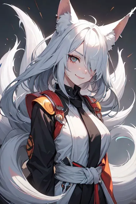 1girl, short white hair, spiky hair, fox ears, fox tail, red outfit, clouds