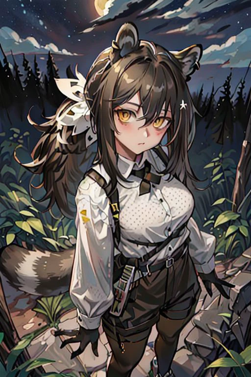 (masterpiece, best quality), 1girl, robin \(arknights\), raccoon ears, raccoon girl, raccoon tail, animal hands, brown hair, hair between eyes, long hair, ponytail, yellow eyes, breasts, white collared shirt, polka dot shirt, cross tie, long sleeves, brown shorts, legwear under shorts, hiking, stone stairs, forest, night sky, red moon, clouds, from above, viewing from above, looking at viewer,