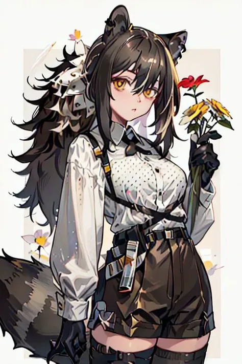 (masterpiece, best quality), 1girl, robin \(arknights\), raccoon ears, raccoon girl, raccoon tail, animal hands, brown hair, hair between eyes, long hair, ponytail, yellow eyes, breasts, white collared shirt, polka dot shirt, cross tie, long sleeves, brown shorts, legwear under shorts, upper body, holding flower, red flower, closed eyes, close-up