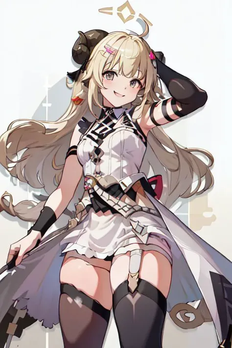 masterpiece, best quality, absurdres, perfect anatomy, WatameNightFever, long hair, ahoge, hairclip, sheep horns, sheep ears, white dress, sleeveless, arm band, (black thigh straps, black thighhighs:1.3), smile, Genshin Impact Style,