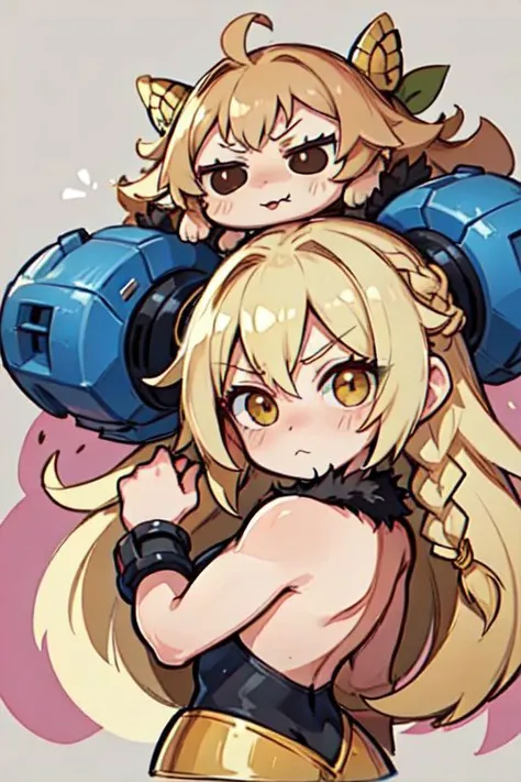 kawaii,chibi,adorable, from behind, (masterpiece, best_quality, ultra-detailed, immaculate:1.3), epic, illustration, 1girl, portrait, gloating amazon ranger, (muscular:1.3), sexy fur armor, fur pauldrons, , deep blonde hair, low-braided long hair,Butterfly Braids, villain pose, with a pet Hawk, , abstract background, in an Hawaiian alchemy laboratory, bombshell hair, brown hair, side braid,Brushed Out Curls, head tilt<lyco:EnvyCuteMix12:1>