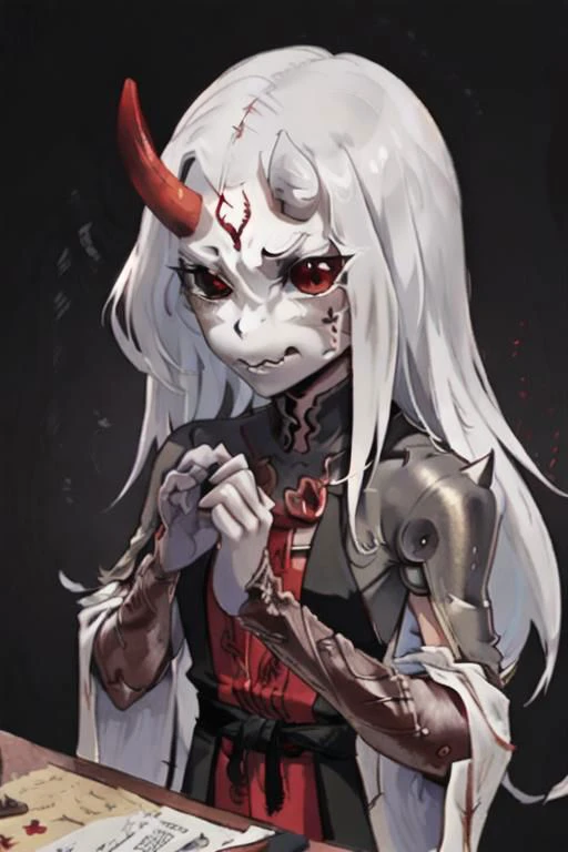 ASCII1_person, (red_skin:1.2), flat_face, black_sclera, ((spiky_hair, stiff_hair, quill_hair, straight_hair)), ((forehead_horn, oni_horn, bone_horn, silver_horn, 1_horn)), ((no_nose:1.2, nasal_slits:1.2, ghoul_nose)), masculine_body, clothed, robe, close_up, face_focus, ((4_fingers_no_thumbs)), detailed_hands, detailed_face, ((inhuman)), high_quality, ultra_quality, clean_lines, clean_colors, <FastNegativeV2>