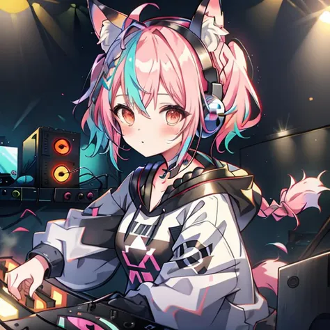 {{braid}}, <lora:DJ_Girls:1>, headphones, headphones, dj booth, dj, stage, short hair, twintails,