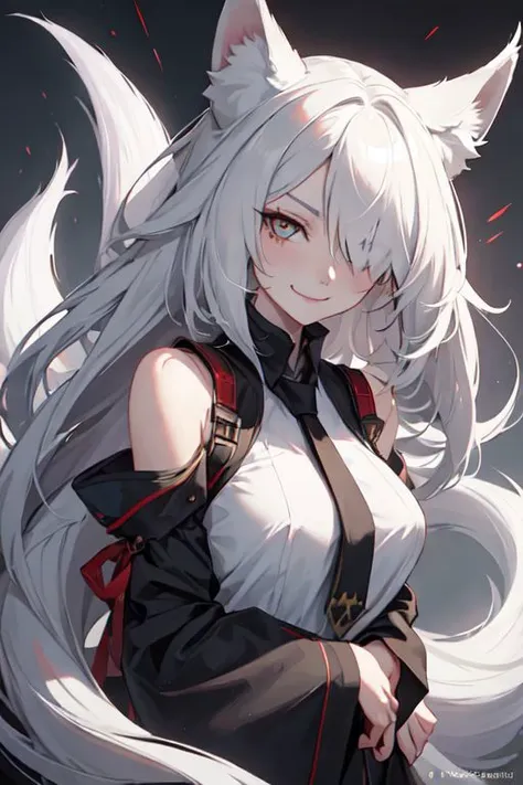 masterpiece, best quality fox tail, multiple tails, (facial mark:0.8), hair over one eye, upper body, evil smile,