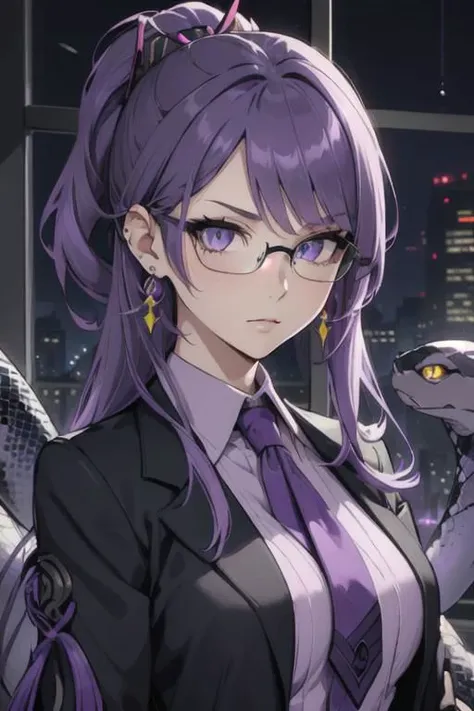 (masterpiece, best quality, perfect face, perfect eyes, detailed face, snake eyes:1.3), woman, snake lady, purple hair, neat hair, ponytail, purple gray eyes, (business suit, black suit, light purple shirt:1.2), purple tie, menacing, glasses, black gloves, (single earring, tassel earring, single tassel, purple tassel:1.2), office, windows, nightscape, night, city lights, skyscrapers, tilted head,
