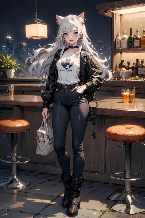(Masterpiece:1.2), (best quality:1.2), silver hair, blue eyes, Night, cat ears, long hair, bar, bandit, (skinny:1.2), (depth of field:1.2), :d, looking at viewer, completely detail. earrings, jewelry, pants, hoop earrings, fishnets, boots, bag, standing, full body, plant, long sleeves, leather jacket, looking at viewer,