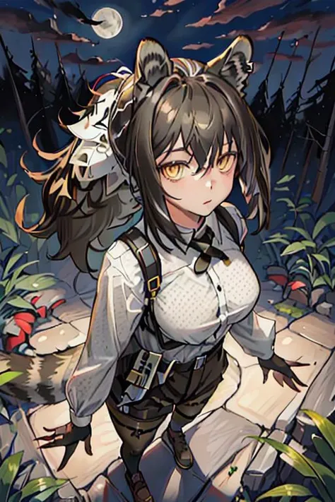 (masterpiece, best quality), 1girl, robin \(arknights\), raccoon ears, raccoon girl, raccoon tail, animal hands, brown hair, hair between eyes, long hair, ponytail, yellow eyes, breasts, white collared shirt, polka dot shirt, cross tie, long sleeves, brown shorts, legwear under shorts, hiking, stone stairs, forest, night sky, red moon, clouds, from above, viewing from above, looking at viewer,