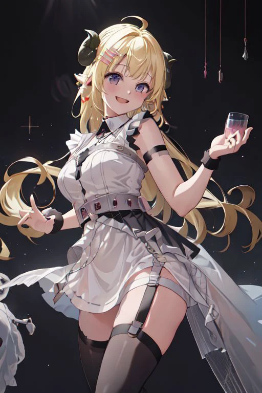 masterpiece, best quality, absurdres, perfect anatomy, WatameNightFever, long hair, ahoge, hairclip, sheep horns, sheep ears, white dress, sleeveless, arm band, (black thigh straps, black thighhighs:1.3), smile,