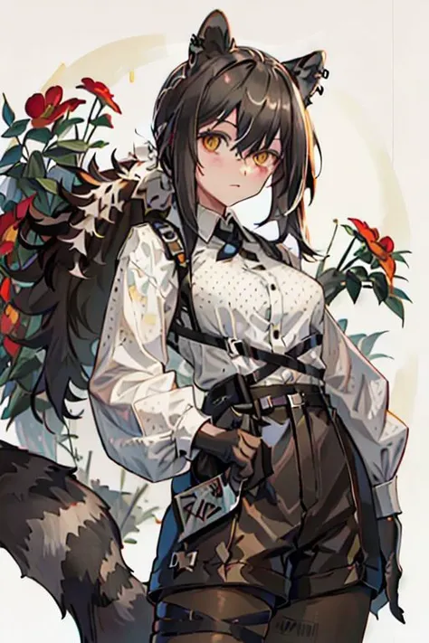 (masterpiece, best quality), 1girl, robin \(arknights\), raccoon ears, raccoon girl, raccoon tail, brown hair, hair between eyes, long hair, ponytail, yellow eyes, breasts, animal hands, white collared shirt, polka dot shirt, cross tie, long sleeves, brown shorts, legwear under shorts, brown pantyhose, flowers, red flowers,