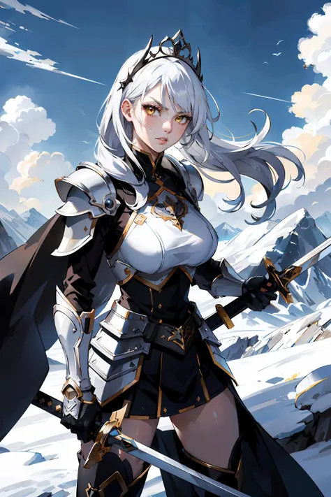 perfect eyes, fighting stance, serious, armor, holding weapon, holding sword, white hair, yellow eyes, black tiara, mountain, clouds, epic, wide shot, looking at viewer, parted lips, teeth, v-shaped eyebrows,