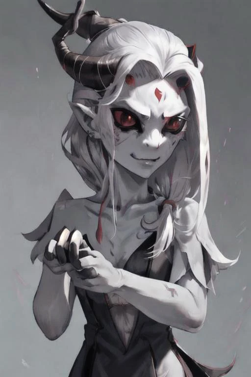 ASCII1_person, ((red_skin)), flat_face, black_sclera, ((spiky_hair, stiff_hair, quill_hair, straight_hair)), ((forehead_horn, oni_horn, bone_horn, silver_horn, 1_horn)), ((no_nose:1.2, nasal_slits:1.2, ghoul_nose)), masculine_body, clothed, robe, close_up, face_focus, ((4_fingers_no_thumbs)), ((inhuman)), high_quality, ultra_quality, <FastNegativeV2>