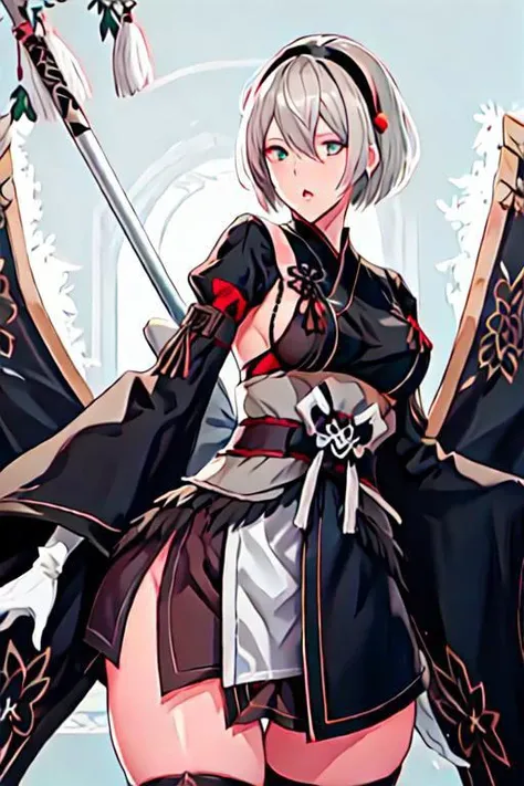 solo, 1girl, solo_focus, 2b_(nier:automata), breasts, bouncing breasts, thighhighs, white hair, hair over one eye, blue eye, hairband, ass, black kimono, detached sleeves, wide sleeves, white gloves, thighhighs, japanese clothes, [[tassels, bra peek]]
