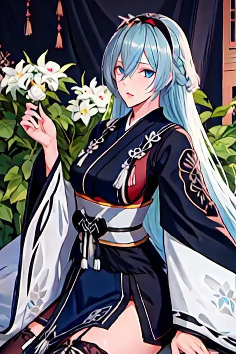 solo, 1girl, solo_focus, hair over one eye, blue eye, hairband, black kimono, detached sleeves, wide sleeves, white gloves, thighhighs, japanese clothes, [[tassels, bra peek]]