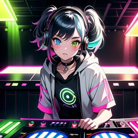 on stage, Headphones, solo focus, dark theme, extremely detailed face,(official art), headset, headphones, headphones around neck, (best quality),(highres),(masterpiece), choker, extremely detailed girl, 1girl, sharp focus, depth of field, god rays, short hair, twintail, Heterochromia, {{braid}}, small breasts, t-shirt, shirt, hoodie, neon lights, neon palate, synthwave line art, vaporware, indoors, cute, professional lighting, multicolored hair, shorts, dj, dj booth, soundboard, stage, 