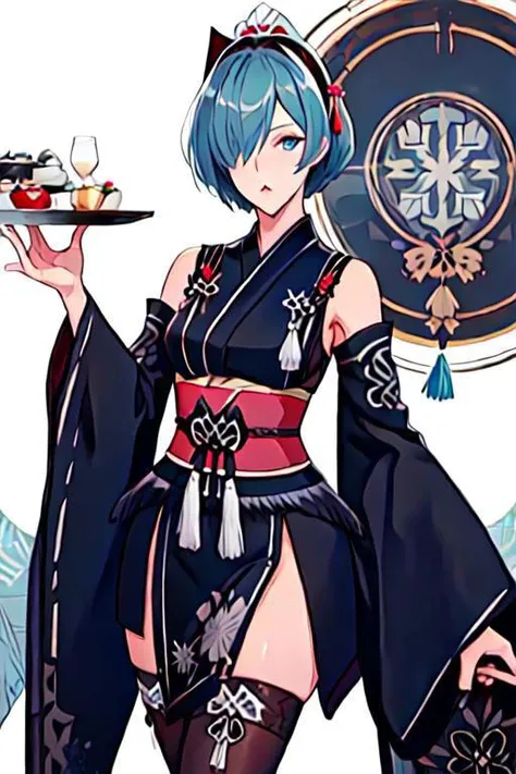 solo, 1girl, solo_focus, hair over one eye, blue eye, hairband, black kimono, detached sleeves, wide sleeves, white gloves, thighhighs, japanese clothes, [[tassels, bra peek]]